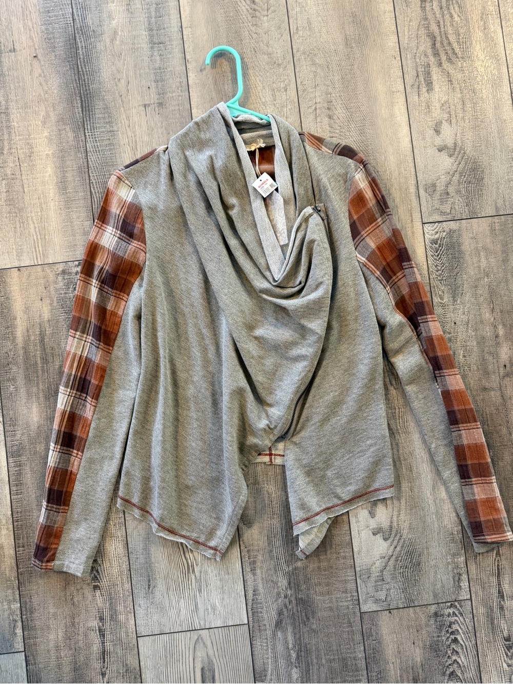 Hem & Thread Gray Draped Jacket with Brown Plaid Sleeves